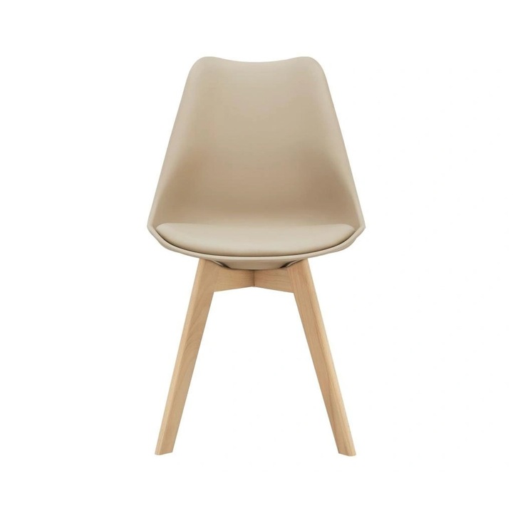 Трапезен / кухненски стол QMOBILI Tori Beige, PP черупка, седалка от екологична кожа, крака от естествен бук