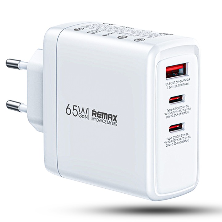 Мрежово зарядно устройство Timebox, 3 порта, 65 W бързо зареждане, 2 x Type-C, 1 x USB, съвместим Macbook, лаптоп, iPhone, Huawei, Samsung, бял