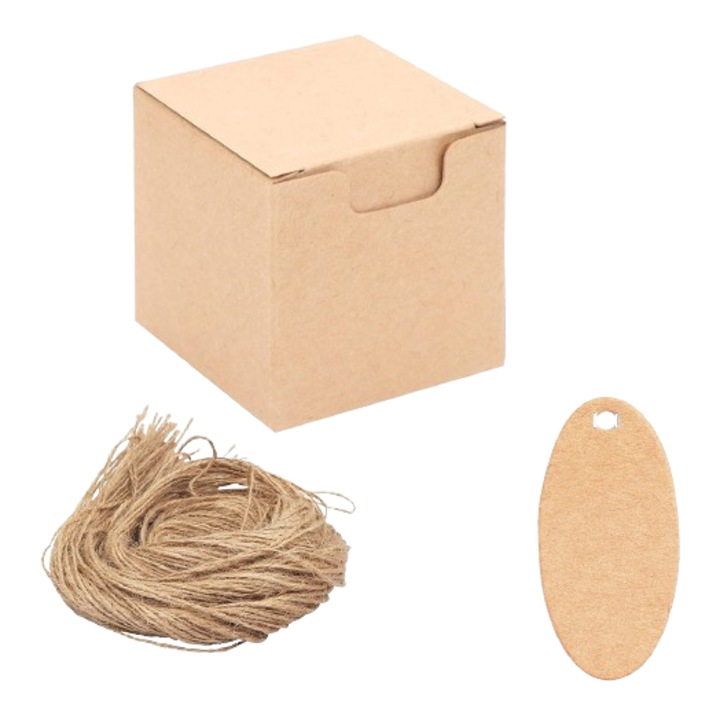 Комплект от 100 подаръчни кутии с връв и етикети, за ръчно изработени творби, опаковки от крафт хартия, персонализирани канцеларски материали за партита, сватби, кръщенета, 5 см, кафяви