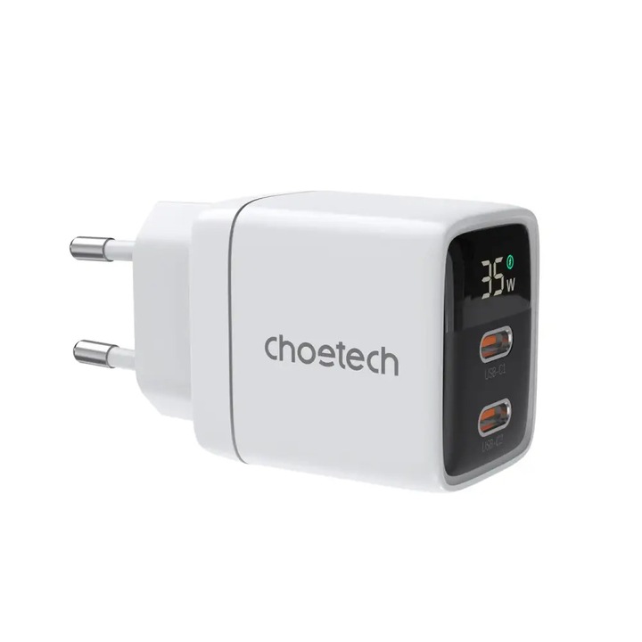 Incarcator de retea Choetech cu afisaj 2x USB-C PD 35W GaN, alb, HRT-155743