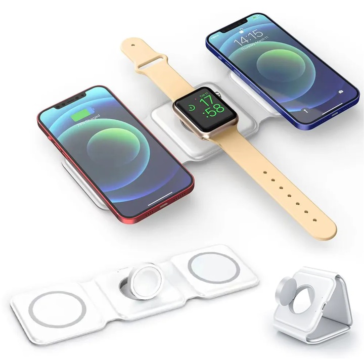 Statie incarcare wireless 3 in 1 +QUAL®, pliabil, Incarcator Mag Safe, 15W Fast Charge, magnetic, Apple Watch si casti, doua bobine, luminat, compatibil universal, compatibil iPhone, Alb