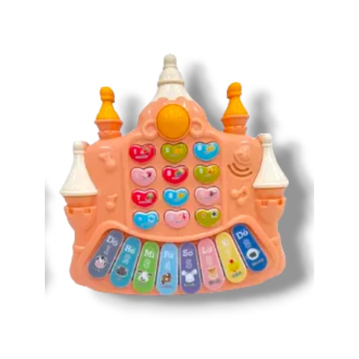 Pian muzical interactiv Montessori "Castelul fermecat" pentru copii, ERAKIDS, cu sunete si luminite, 20 taste, 3 ani+, 18x18x4cm, Roz