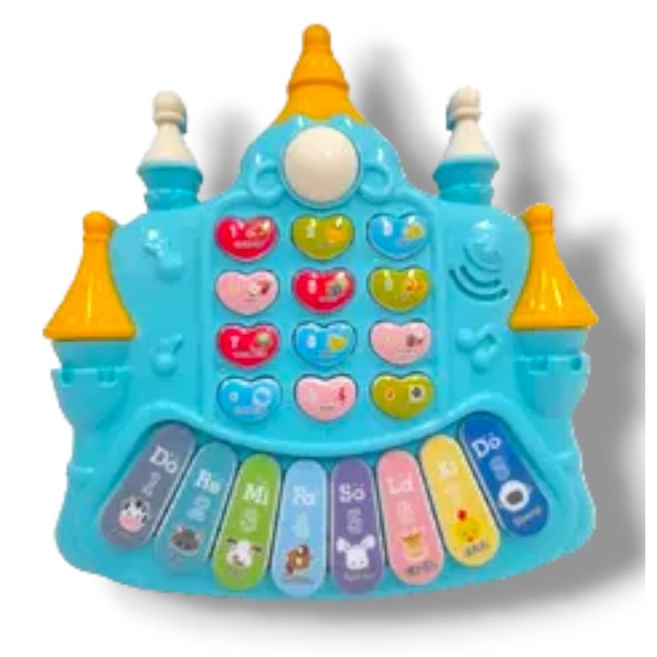 Pian muzical interactiv Montessori "Castelul fermecat" pentru copii, ERAKIDS, cu sunete si luminite, 20 taste, 3 ani+, 18x18x4cm, Albastru