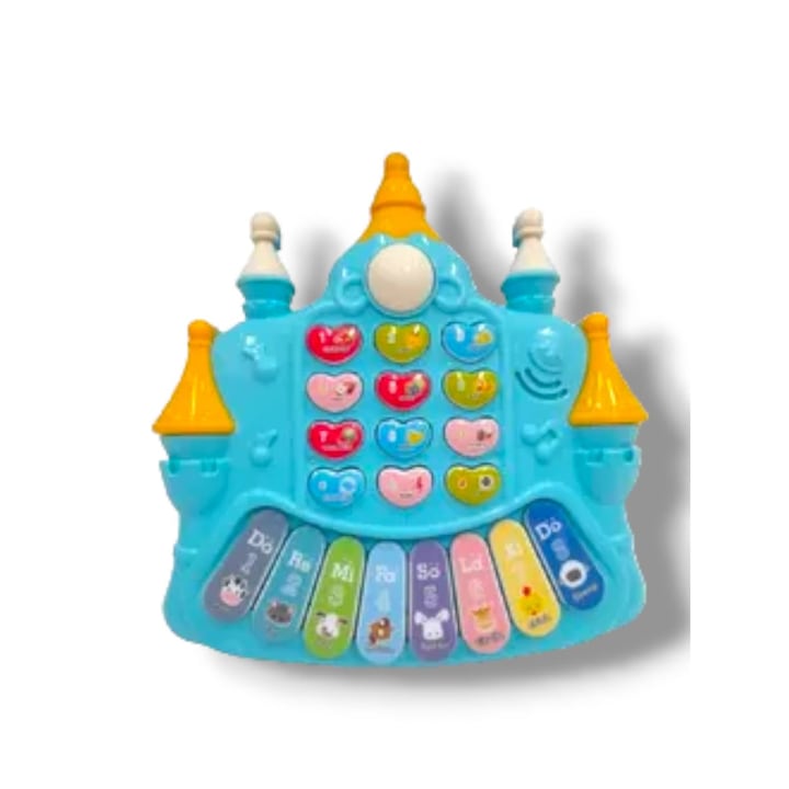 Pian muzical interactiv Montessori "Castelul fermecat" pentru copii, ERAKIDS, cu sunete si luminite, 20 taste, 3 ani+, 18x18x4cm, Albastru