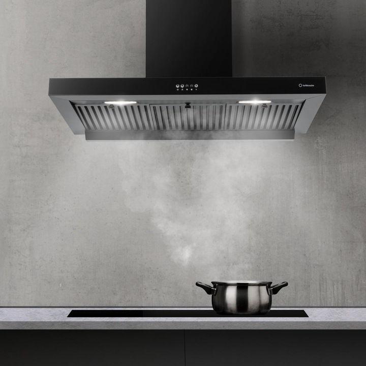 Hota de perete Turbionaire Chef 90 Wall Pro Black, Motor brushless 800 mc/h, Clasa A++, Colector de grasimi, Filtre Baffle Avansate, Control electronic, Iluminare LED 4000K, 3 viteze + Boost, Negru