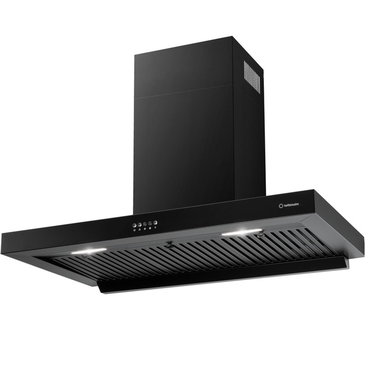 Turbionaire Chef 90 Wall Pro Черен стенен аспиратор, Безчетков мотор 800 mc/h, Клас A++, Колектор за мазнини, Усъвършенствани филтри за прегради, Електронно управление, LED осветление 4000K, 3 скорости + Boost, Черен