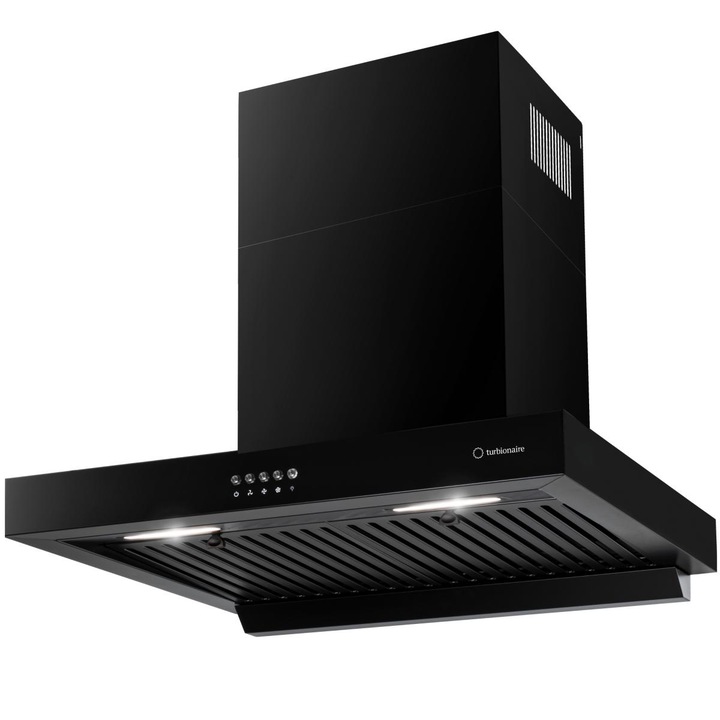 Декоративен аспиратор за вграждане Turbionaire THC60WPB, Абсорбционна мощност 800 mc/h, Дефлекторни филтри, Електронно управление, LED осветление, Клас A++, 60 см, Черен