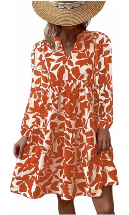 Оранжева миди рокля с флорален принт, лятна, лека плисирана с v-образно деколте, Флорален