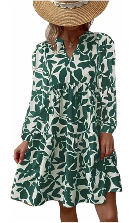 Rochie verde midi cu imprimeu floral, de vara, lejera plisata cu decolteu in v si maneca lunga, Floral