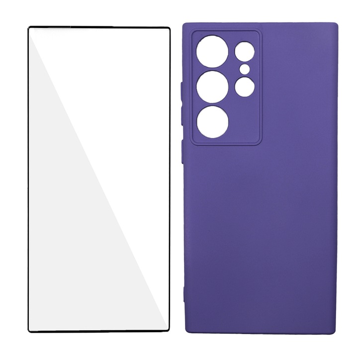 5D Secure Glass fólia készlet, Crystal Clean, teljes képernyős burkolat és szilikon tok mikroszálas Samsung Galaxy S24 Ultra készülékhez, OPTIM MEGOLDÁS, Kameravédelem, PerfectFit, Világoslila