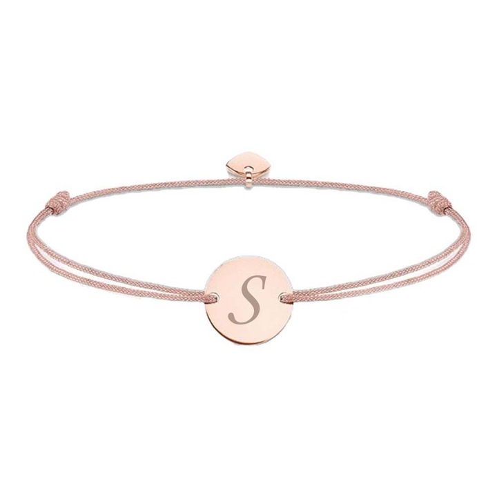 Bratara ajustabila, cu banut rotund si inima, auriu roz, gravat litera S, snur Bej, Dalimag
