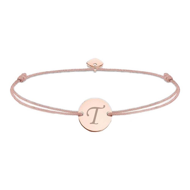 Bratara ajustabila, cu banut rotund si inima, auriu roz, gravat litera T, snur Bej, Dalimag
