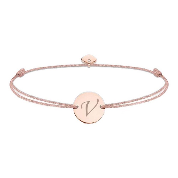 Bratara ajustabila, cu banut rotund si inima, auriu roz, gravat litera V, snur Bej, Dalimag