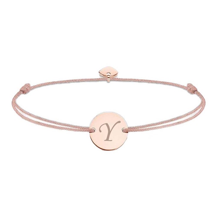 Bratara ajustabila, cu banut rotund si inima, auriu roz, gravat litera Y, snur Bej, Dalimag