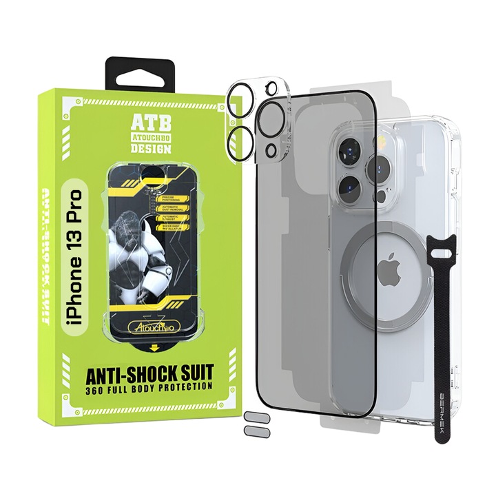 Husa pentru iPhone 13 Pro Antisoc ATB, Folie Sticla Privacy, Folie Spate, Protectie Camera, Inel Magnetic, Stickere Anti-Praf, Organizator Cabluri Bermek, Kit 6 in 1 De Protectie