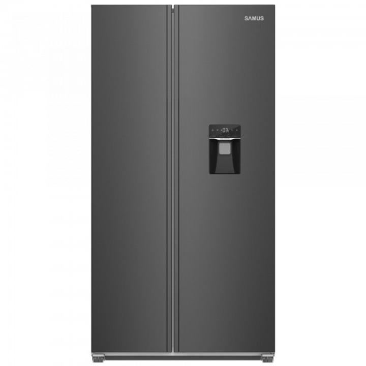 Frigider SSBX-559NFDE, 439L, Full No Frost, Clasa E, Dozator apa, Afisaj LCD, Sistem Dual-Inverter, H 177 cm, Negru/Inox