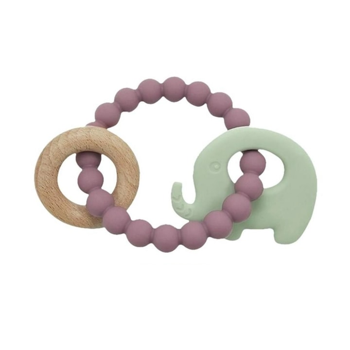Fából és szilikonból készült elefántcsörgő játék babáknak
