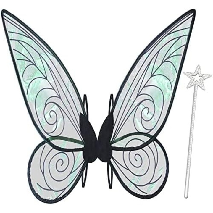 Set Aripi de inger fluture transparent, Adulti si copii, cu bagheta si Coroana, Party Chili®, 60*48cm