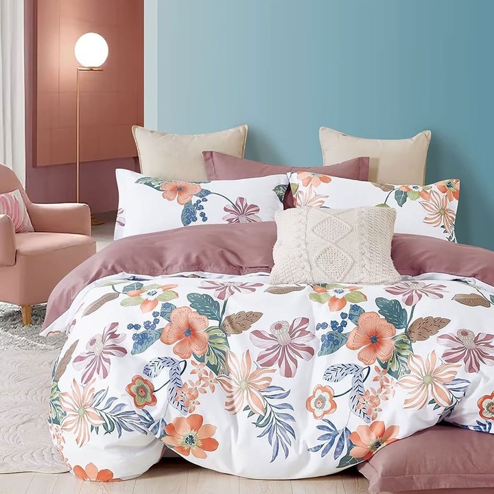 King méretű franciaágynemű Percale nyomott Pamut 100% 6 db lepedő 240x260 cm, paplan 200x230 cm, 2 párnahuzat 50x70 cm, 2 párnahuzat 70x70 cm Színes virágok Fehér / Lila, Fucioasa