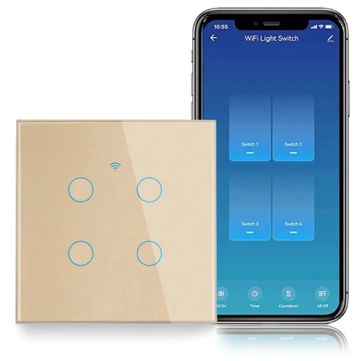 Intrerupator smart touch, WiFi, Sticla securizata, iUni 4G, 10A, Control vocal, Smart Life / Tuya, LED, Gold