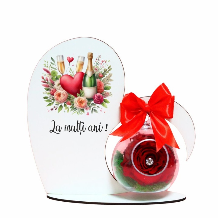 Decoratiune cu licheni si trandafir criogenat rosu, Martie, Aniversar, Lemn, 20×19 cm, SPGUV018