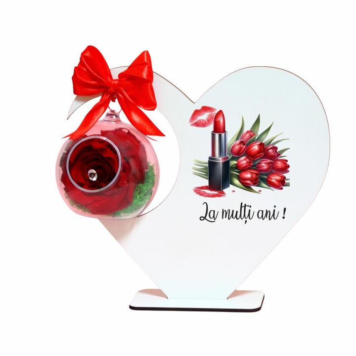 Decoratiune cu licheni si trandafir criogenat rosu, Martie, Aniversar, Lemn, 20×18 cm, SPGUV025