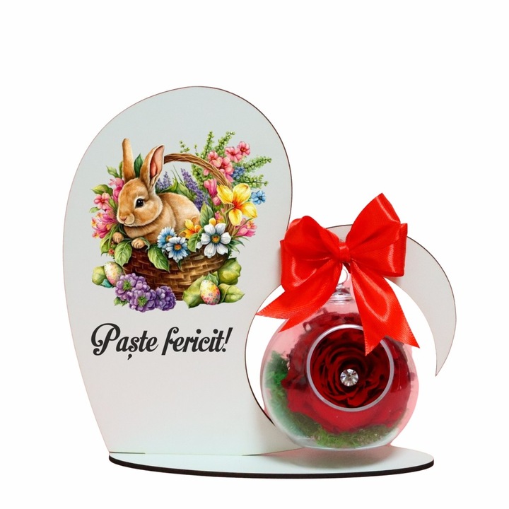 Decoratiune cu licheni si trandafir criogenat rosu, Paste, Lemn, 20×19 cm, SPGPUV012