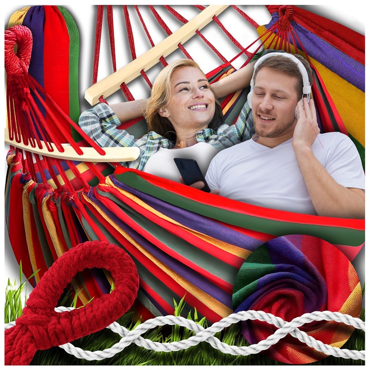 Hamac Dublu, De Gardina 260x150 cm GALAXIA®, cu bara din lemn, bumbac, multicolor