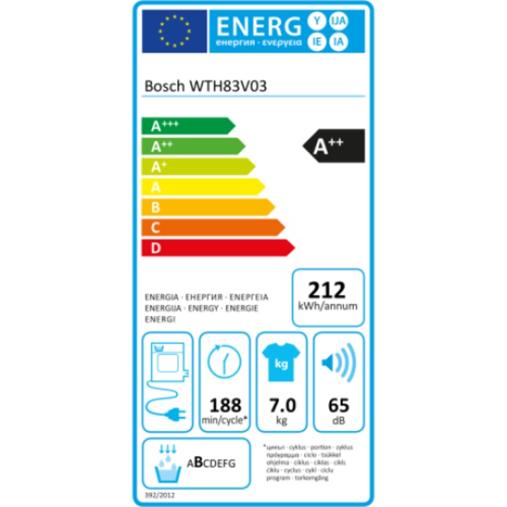 Uscator Rufe Bosch WTH83V03, Clasa A++, Pompa De Caldura, 7 Kg, Alb