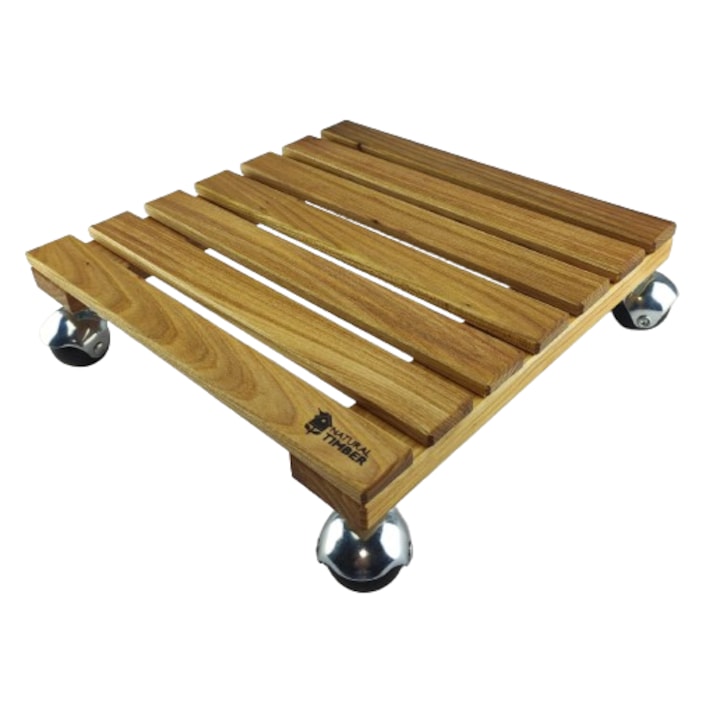 Suport ghiveci pentru flori patrat 30cm., lemn masiv, impregnat cu ulei, roti mobile rotunde metal, exterior-interior, Natural Timber