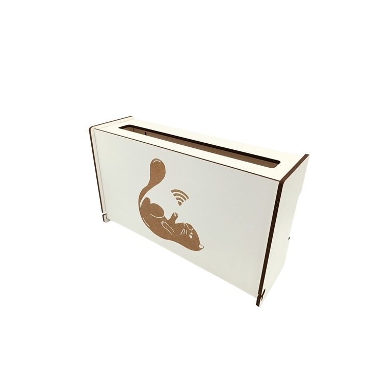 Raft Suport pentru Router Wireless, WoodMag CTW01WIFI7 pentru mascare fire si echipamente WI-FI, posibilitate montare pe perete, culoare alb model WIFI7 Play with Cat