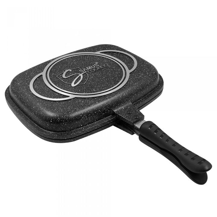 Tigaie grill dublu Samus TOL3232-GC TOLEDO LINE, dreptunghiulara, aluminiu turnat, garnitura, 32 x 25 x 7 cm, Negru