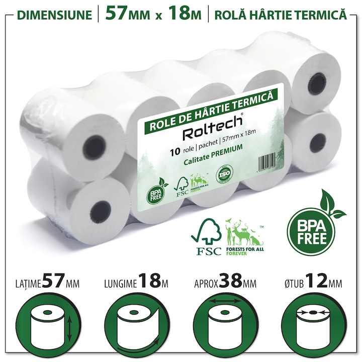 Role hartie termica ROLTECH, 57mm x 18m, 10 role/pachet
