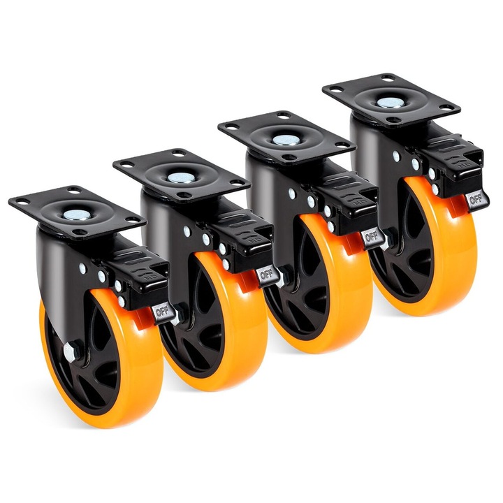 Set 4 roti cu blocare pentru carucioare, 5 inch, max 204 kg / roata, PVC si Otel