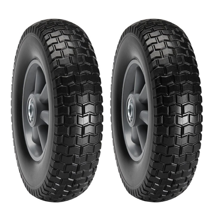 2 kerék készlet cső nélkül, átmérő 10 hüvelyk / 254 mm, max 99,8 kg, PU, műanyag agy,