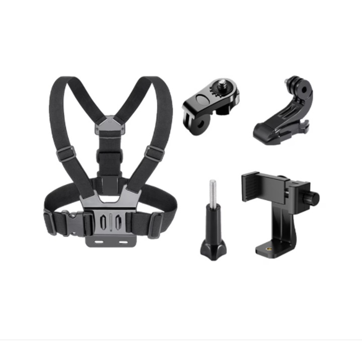 Универсален държач за телефон Handsfree, За телефон и GoPro, С аксесоари и лесно регулируеми презрамки, Комплект колани 5 in 1, Черен