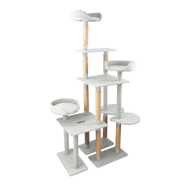 Ansamblu joaca Pisici, Alb Cenusiu, 185 cm Inaltime, Lucrat Manual, 7 Niveluri, Culcus cu Burete