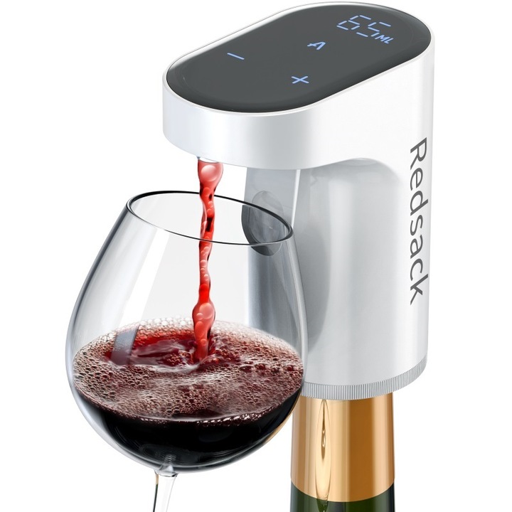 Dozator inteligent de vin si alte bauturi Redsack, Functie Decantare Automata - Touch, Aerator Integrat, Portabil, Incarcare USB, Alb