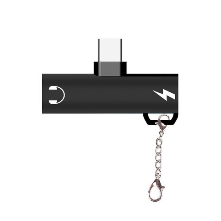 2 az 1-ben adapter, kulcstartóval, 2x USB C, Jack 3,5 mm, többszínű, Dactylion®
