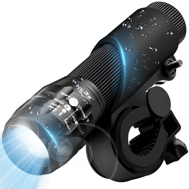 Retoo kerékpár/robogó fényszóró LUXLED LED-ekkel 2 világítási móddal, vízálló, könnyen rögzíthető a kormányon, tartóval együtt, fekete