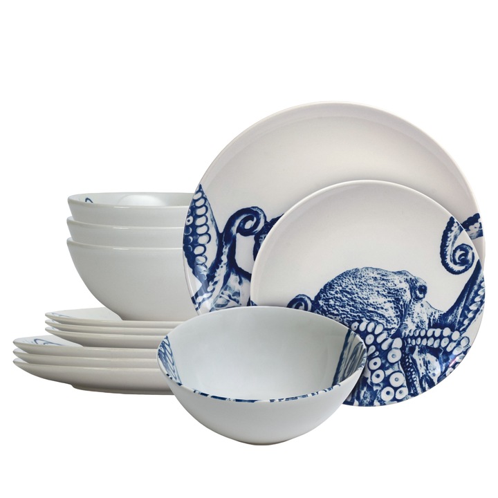 Set farfurii, Octopus, 12 piese, pentru 4 persoane, Cesiro, Alb decorat cu caracatita albastra