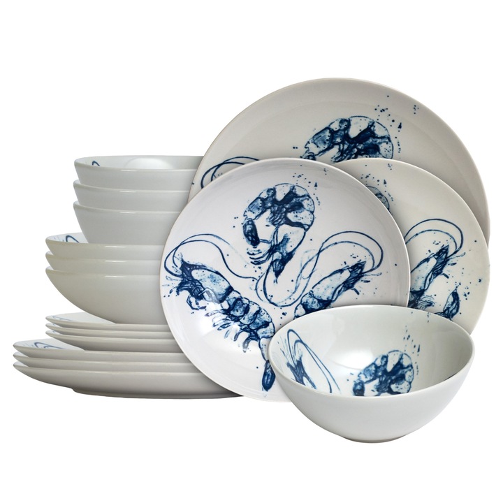 Set farfurii, Prawns, 16 piese, pentru 4 persoane, Cesiro, Alb decorat cu creveti
