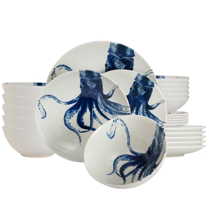 Set farfurii, Jellyfish, 24 piese, pentru 6 persoane, Cesiro, Alb decorat cu meduza