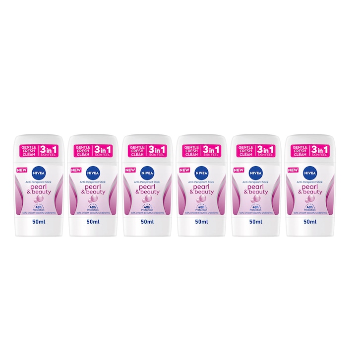 Set 6 x Deodorant Stick Nivea Woman 50ml, Pearl&Beauty, Anti-urme albe, revirgorant, prospetime de durata, protectie 48h
