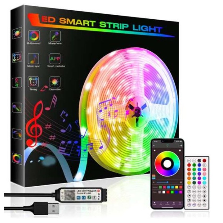 Многоцветна LED лента, синхронизация на музика, модерен външен микрофон, дистанционно управление и управление от телефон (IOS/Android), bluetooth, USB, дължина 5 метра, за TV, PC, Car и др.
