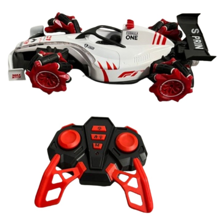 Masina formula 1 cu telecomanda, pulverizeaza fum, rotatie 360 grade, motor puternic, 2.4 GHZ control, alb/rosu/negru