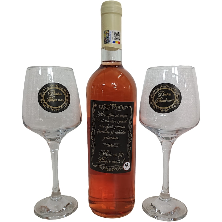 Set sticla vin cu 2 pahare, Am aflat ca NASII....Vreti sa fiti Nasii nostrii? 41x26x9cm