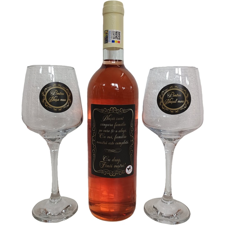 Set sticla vin cu 2 pahare in cutie carton Dary Home, Nasii sun singura familie.....Cu drag Finii vostri! 41x26x9cm