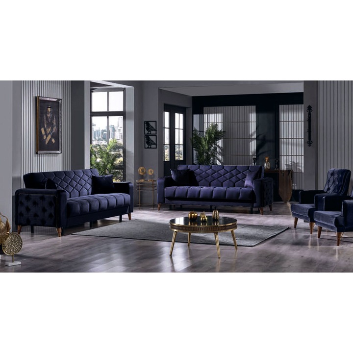 Set canapele living 3+2+1 cu lada depozitare, 230/170 x 95 x 85 cm, 70 x 95 x 72 cm, model Melissa catifea nuanta negru