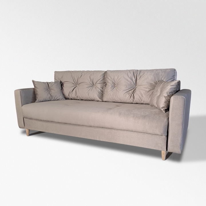 Canapea extensibila Liuba 140, Iza, pat, saltea arcuri Relaxa, lada depozitare, picioare inalte fag, perne decorative, culoare bej, plus, 220x95x73